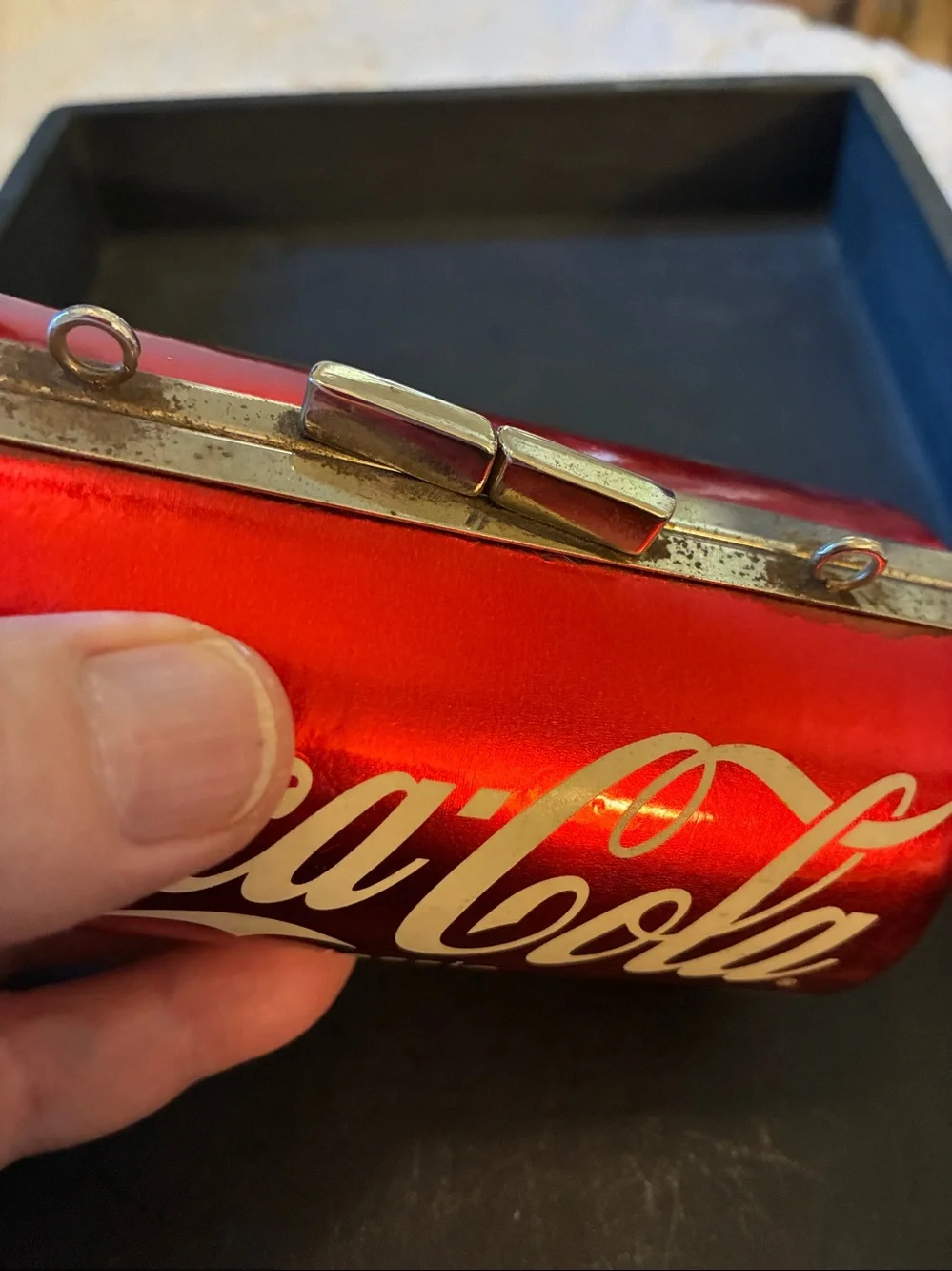 Coca Cola Glossy Red and White Mini Can Purse. With Long chain.